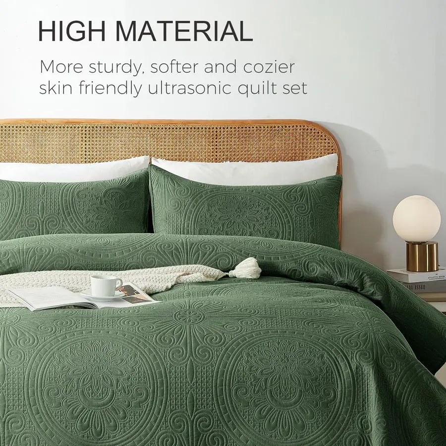King Cal King Quilt Set Olive Green,Ultrasonic Embossed Bedspread, Lightweight Microfiber Coverlet, Modern Thin Bedding Set for