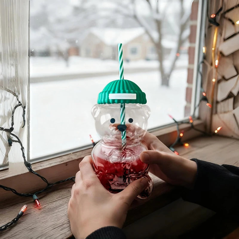 1pc 500ml Christmas Bear Coffee Cup Bear Straw Cup with Lid and Straw Wine Juice Milk Beverages Utensils Holiday Gifts