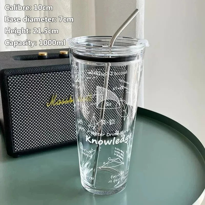 1000ML Glass Water Cup Large Capacity Temperature Resistant Drinking Cup For Girls With Lid and Straw Milk Juice Coffee Mug