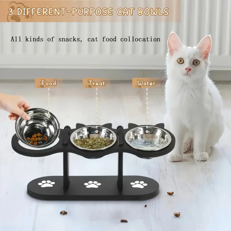 3-Tier Elevated Cat Bowl with Support Stands Wood & Stainless Steel Adjustable 15-Degree Angle Stand Slanted Pet Food Bowl