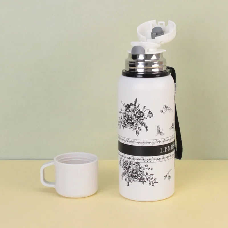 Portable Stainless Steel Gardenia Thermos Cup With Tea Drain Large-capacity Sport Kettle For Making Tea,Great For Outdoor Travel