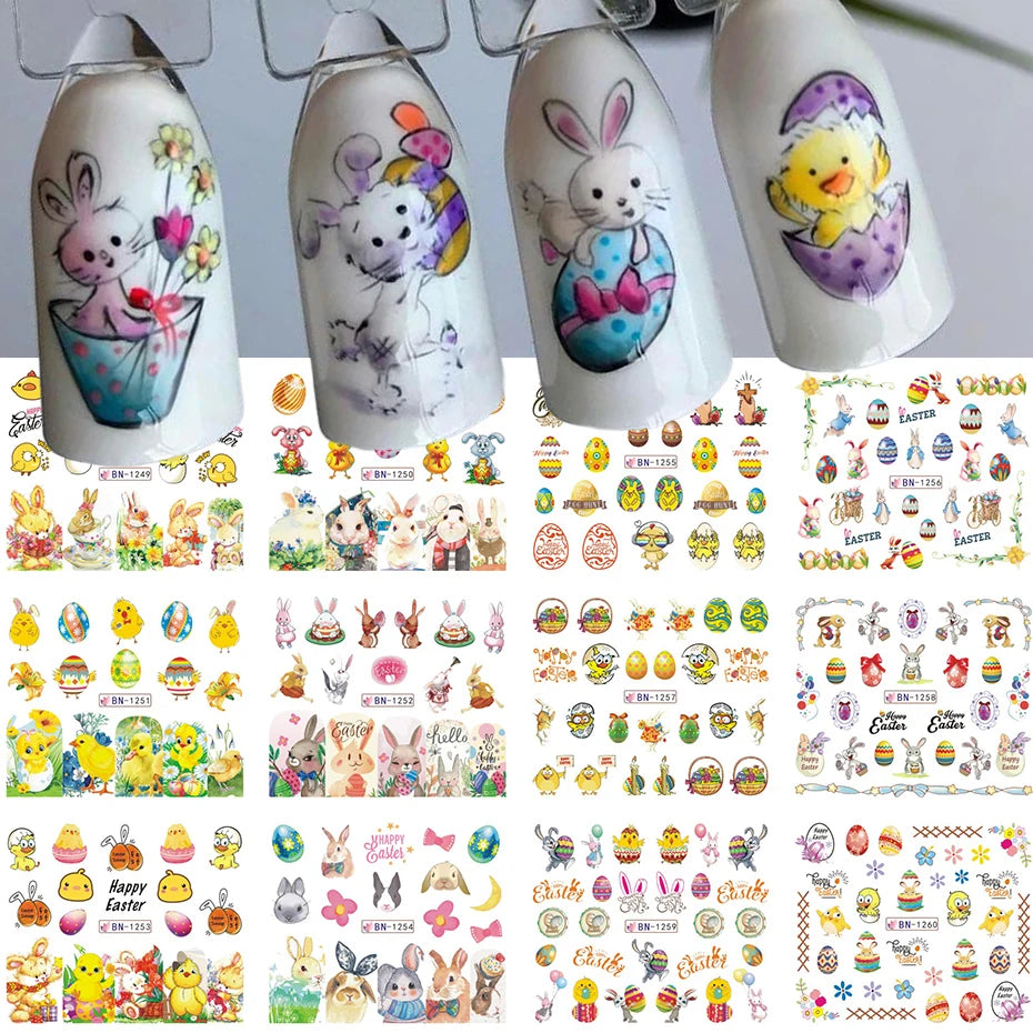 12Design Cartoon Animal Nail Art Water Transfer Stickers With Cute Bunnies And Colorful Eggs Nail Decals for Easter DIY Nail art