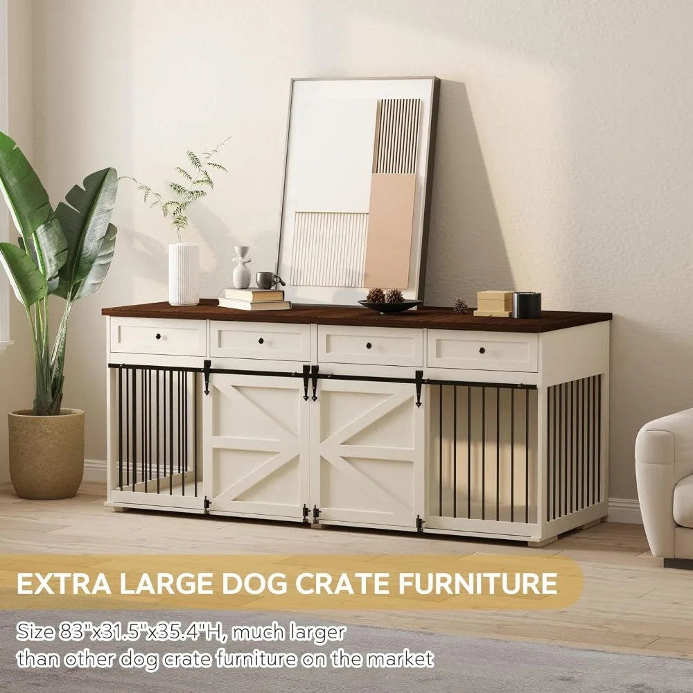 Indoor Wooden Dog Crate with 4 Drawers and Sliding Barn Doors for Small to Large Dogs - Stylish Kennel Furniture