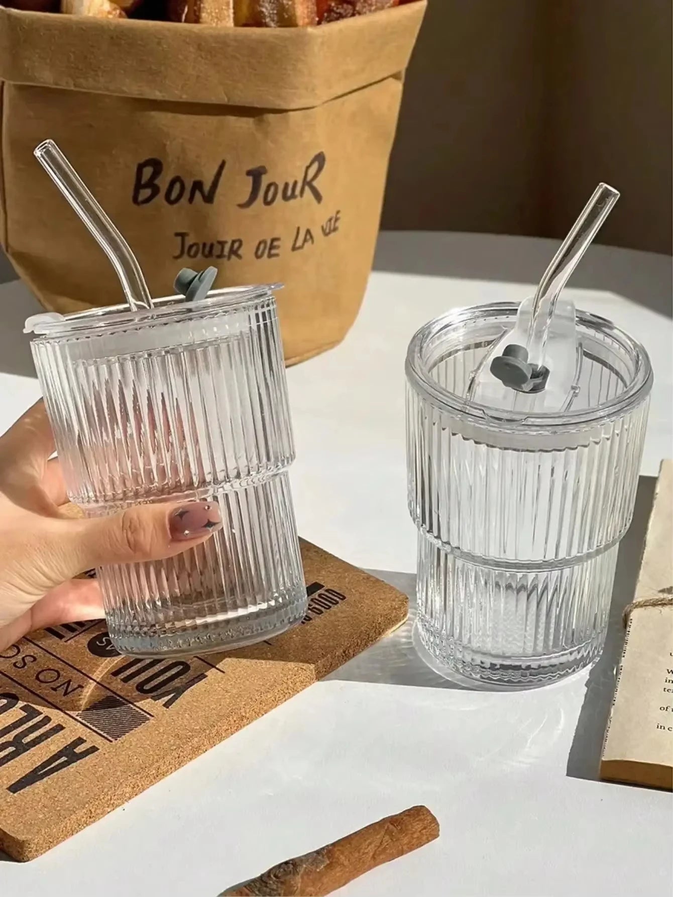 450MLTransparent Glass Coffee Mug with Lid and Straw, Stylish Vertical Stripes Design, Perfect for Iced Americano Latte Milk Tea
