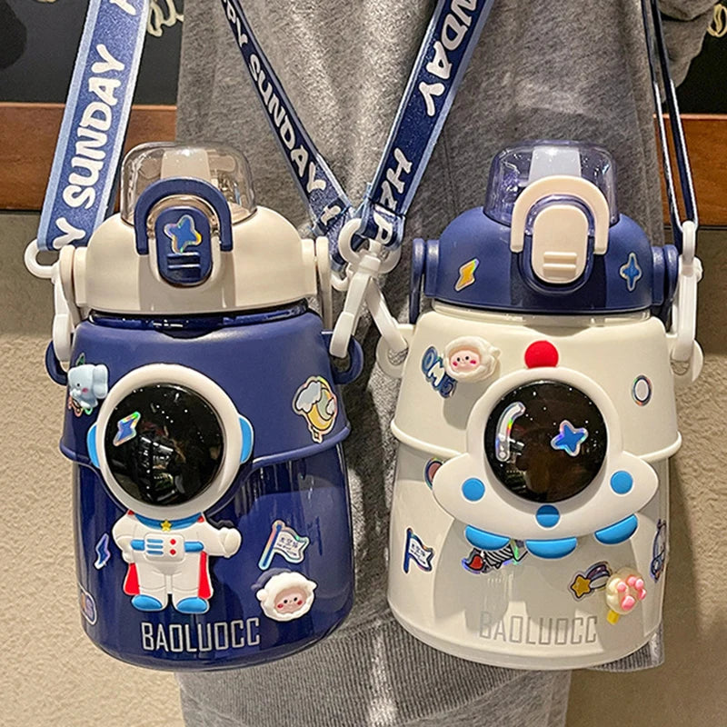 Cute Astronaut Children Insulation Cup 316 Stainless Steel Straw Thermos Water Bottle For School Boys Girl Outdoor Big Belly Cup