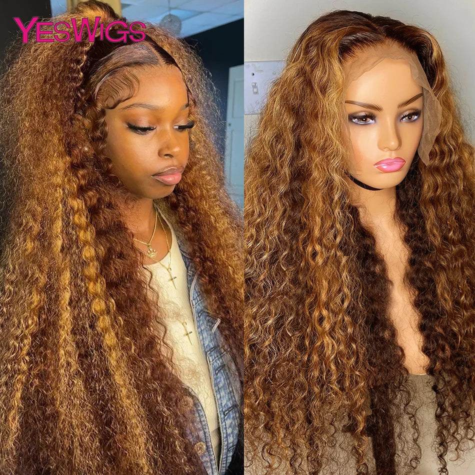 HD 13x6 Brown Lace Front Wig Honey Blonde Deep Curly Human Hair Wigs Highlight Wig 100% Human Hair Water Wave Lace Frontal Wig