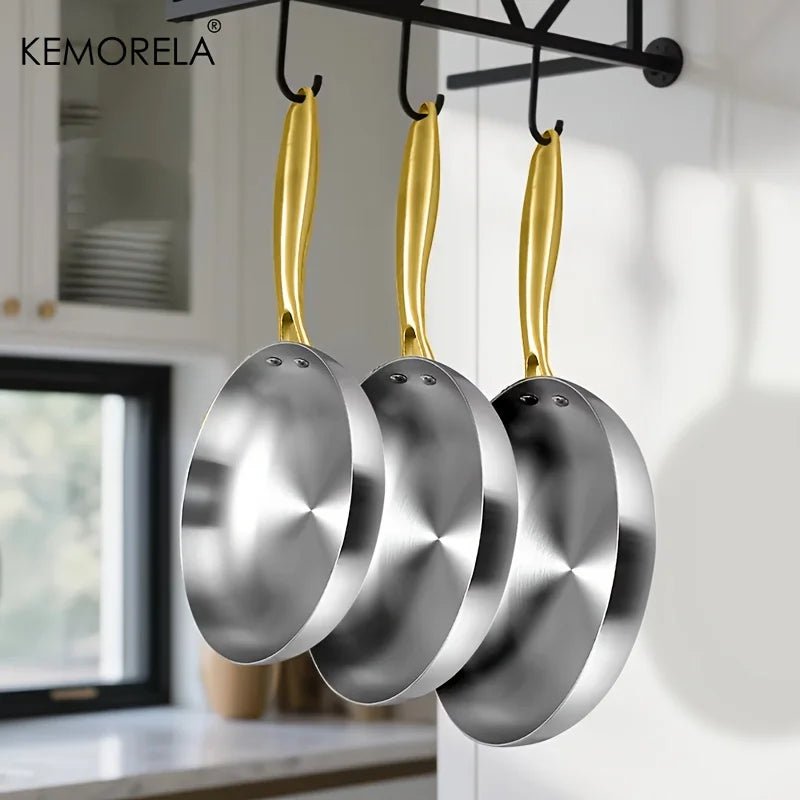 3PCS 316 Stainless Steel Gold Handle Frying Pan 2MM Thick Wok Pan 5 Ply Steel Food Grade Safety Non-Stick Pans Multiple Sizes