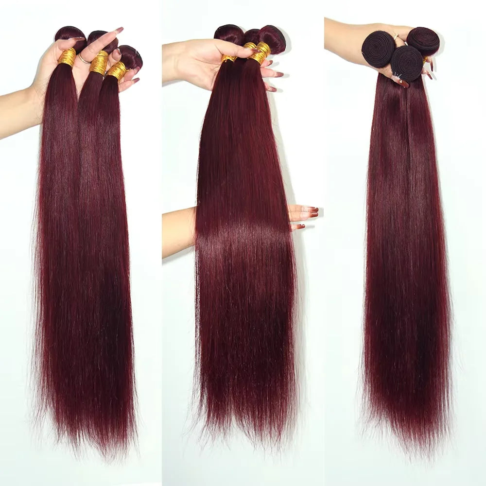 100% Human Hair Burgundy 99J Straight Bundles with Frontal 13x4 Brazilian Hair Weaving 3Pcs Bundles with Closure Raw Human Hair