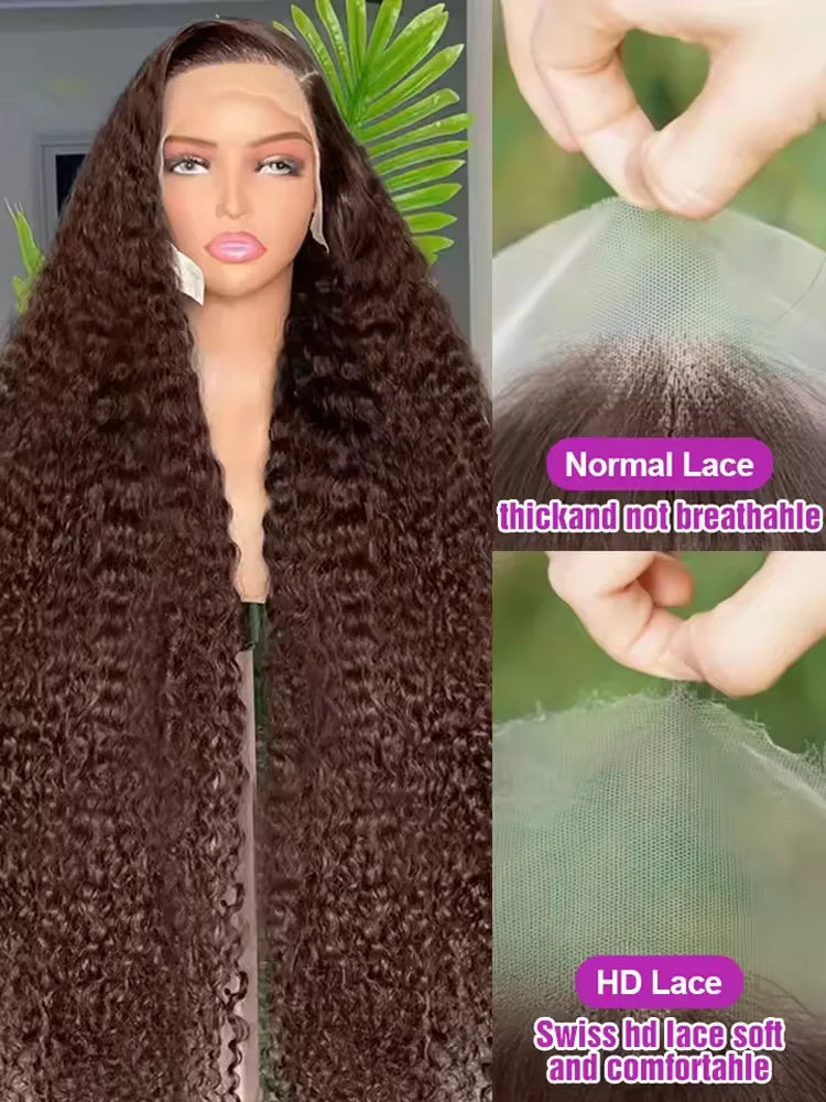 40 Inch Human Hair Wig Deep Wave 13x4Hd Lace Frontal Human Hair Water Wave 100% Lace Front Wig Chocolate Brown Curly Wigs Women