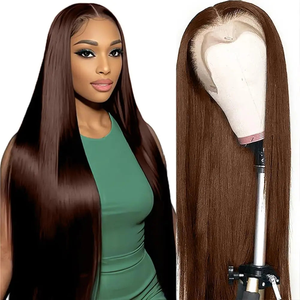 Chocolate Brown Bone Straight Lace Front Wigs Human Hair For Women30 Inch  200% Density 13x6 HD Lace Frontal Wig Human Hair Wig