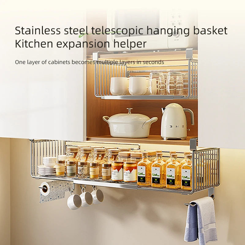 Kitchen Stainless Steel Retractable Hanging Basket Storage Organization Accessories Bathroom Multi-purpose Cabinet Under Shelves