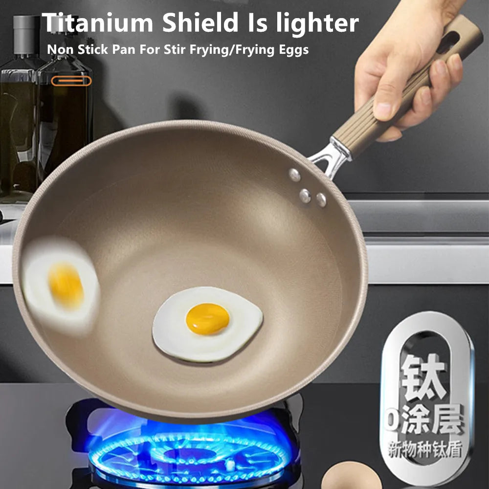 Titanium Stainless steel Wok Frying Pan Uncoated Nonstick Pot Home Kitchen Cookware Skillet Induction Gas stove Special Saucepan