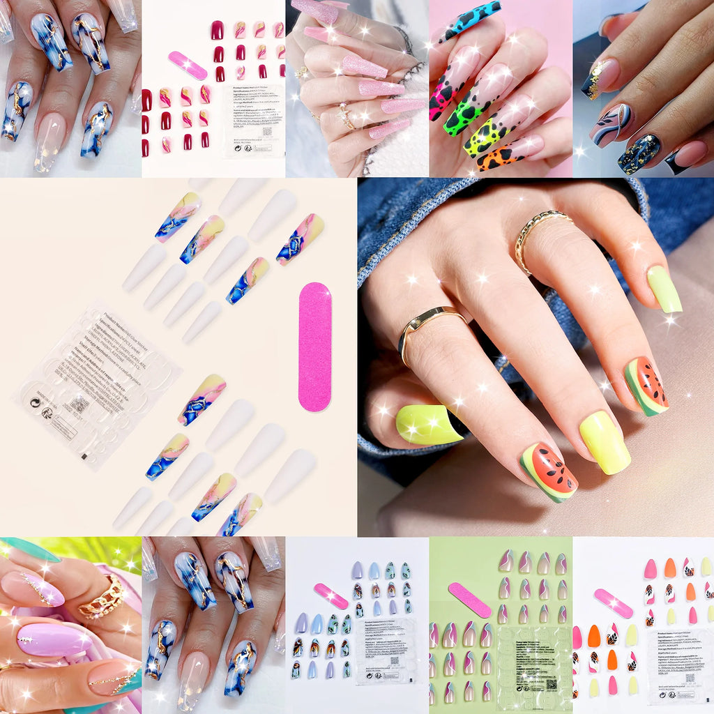24Pcs Medium Long Square French Fake Nails Full Cover Wearable French Press on Nails for Women Mixed Size False Nails