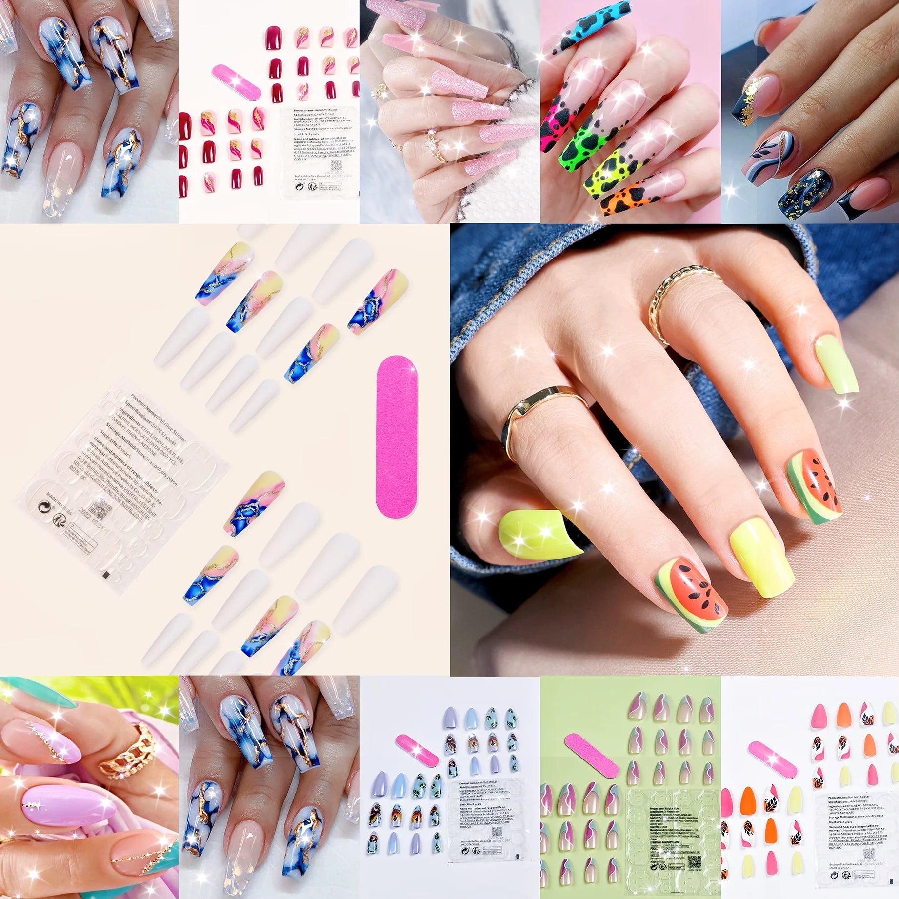 24Pcs Medium Long Square French Fake Nails Full Cover Wearable French Press on Nails for Women Mixed Size False Nails