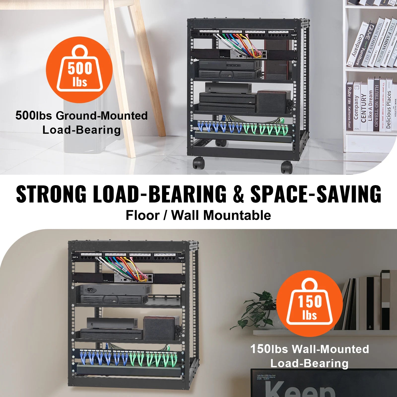 VEVOR Open Frame Server Rack 12U/15U/ 20U Floor Standing or Wall Mounted with Adjustable Depth for Microdata Center Office Use