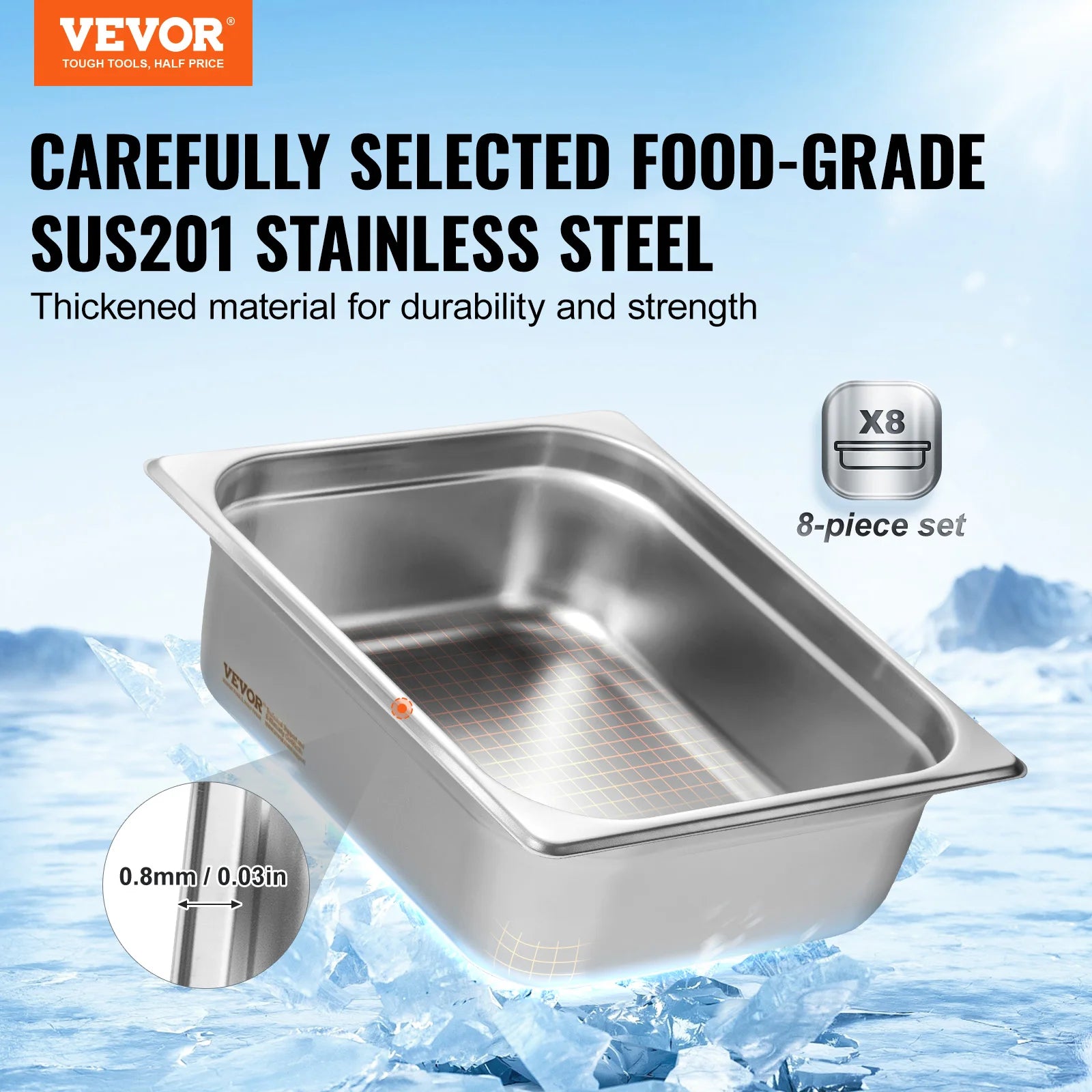 SucceBuy 8 Pack Hotel Pans 1/2 Size Anti-Jam with Lid 0.8mm Thick  4-In Deep Catering Storage Food Pan for Industrial&Scientific