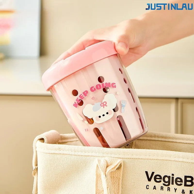 JUSTINLAU Macaron Fruit Cup Breakfast Salad Cup with Lid Double Layered Drip Cup Fruit Cup Forked Cup Suitable for Picnic Use