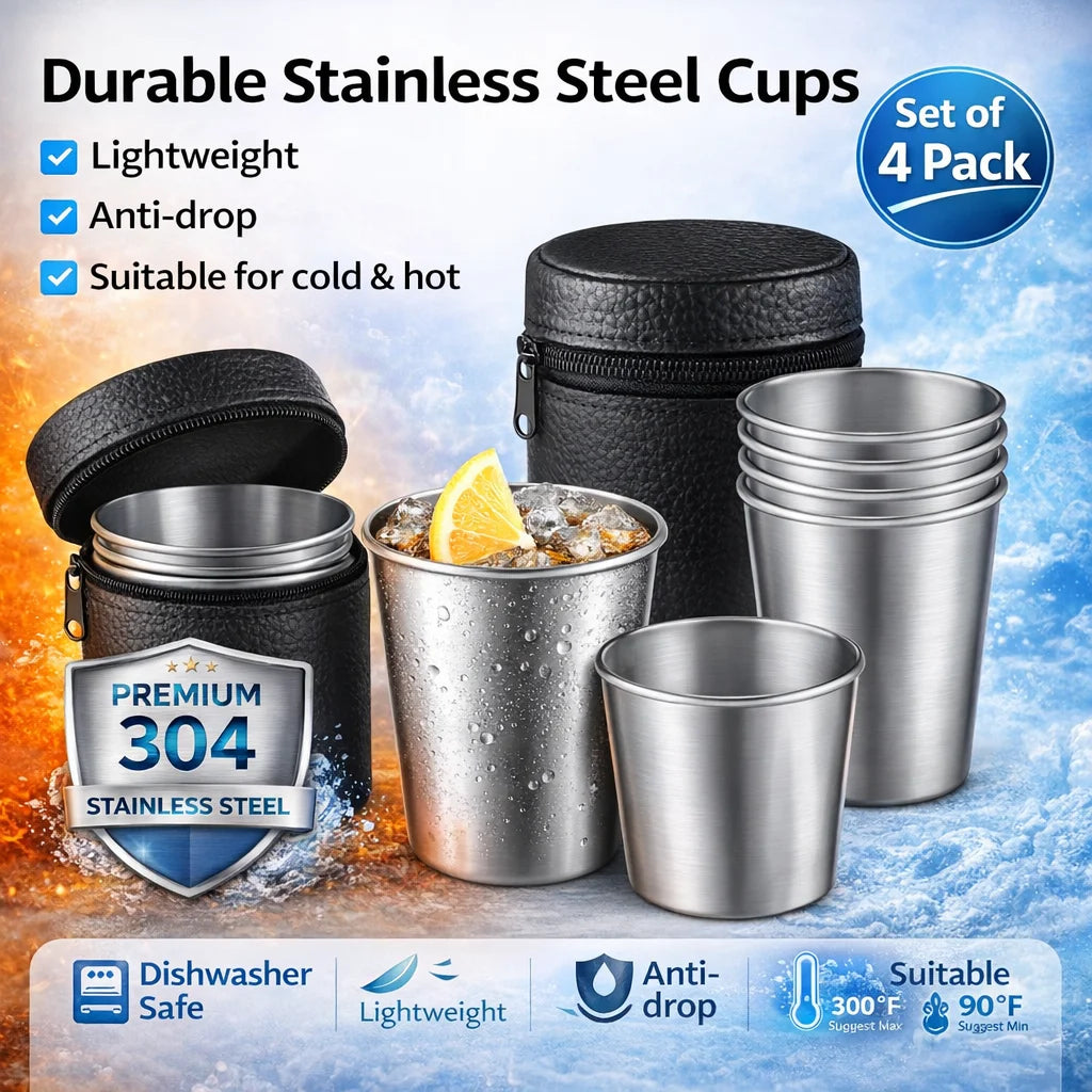 4 Pcs Stainless Steel Cups Stackable Metal Drinking Tumblers with Storage Bag for Camping Travel Outdoor Bar
