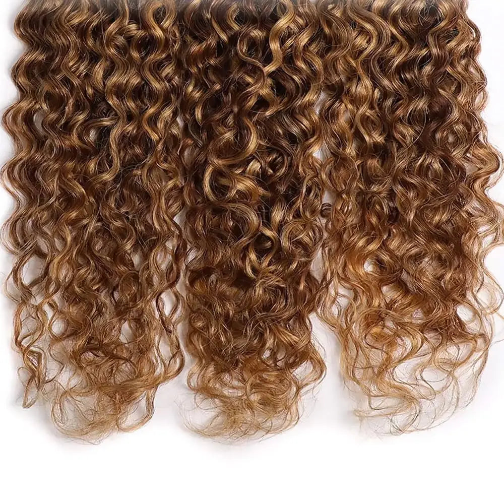 P4/27 Curly Wave Bundles Human Hair Highlight Dark Brown and Honey Blonde Piano Color Mix Brazilian Human Hair Extensions Weave
