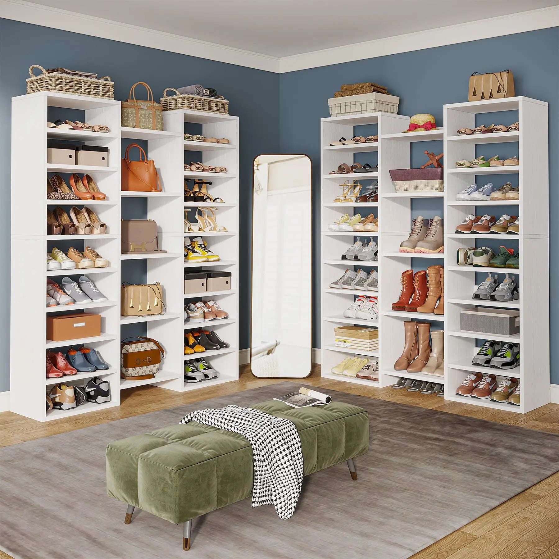 Tribesigns 14-Tier Shoe Rack, Freestanding Tall Shoe Shelf, White Wooden Shoe Storage Cabinet with 22 Open Cubbies, 46 Pairs Wid