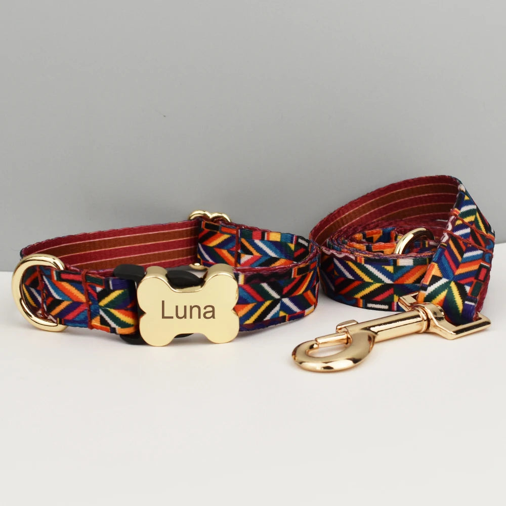 Custom Engraved Ethnic Style Dog Collar with Nameplate for Small Medium Large Dogs Pet Supplies with Matching Leash