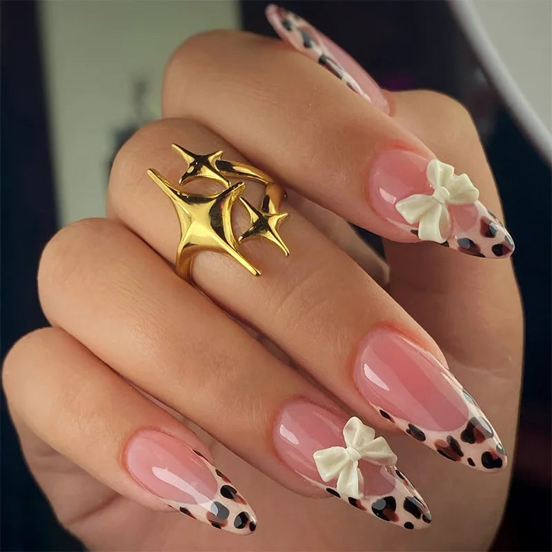 10Pcs Pink French Style Fake Nails 3D Bowknot Designs Short Square Press on Nails Sweet Korean Fashion False Nail for Women Girl