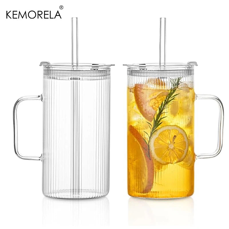 KEMORELA 740ML Ribbed Glass Tumbler Set of 1/2 with Handle Lid And Reusable Straws for Iced Coffee Clear Large Drinkware