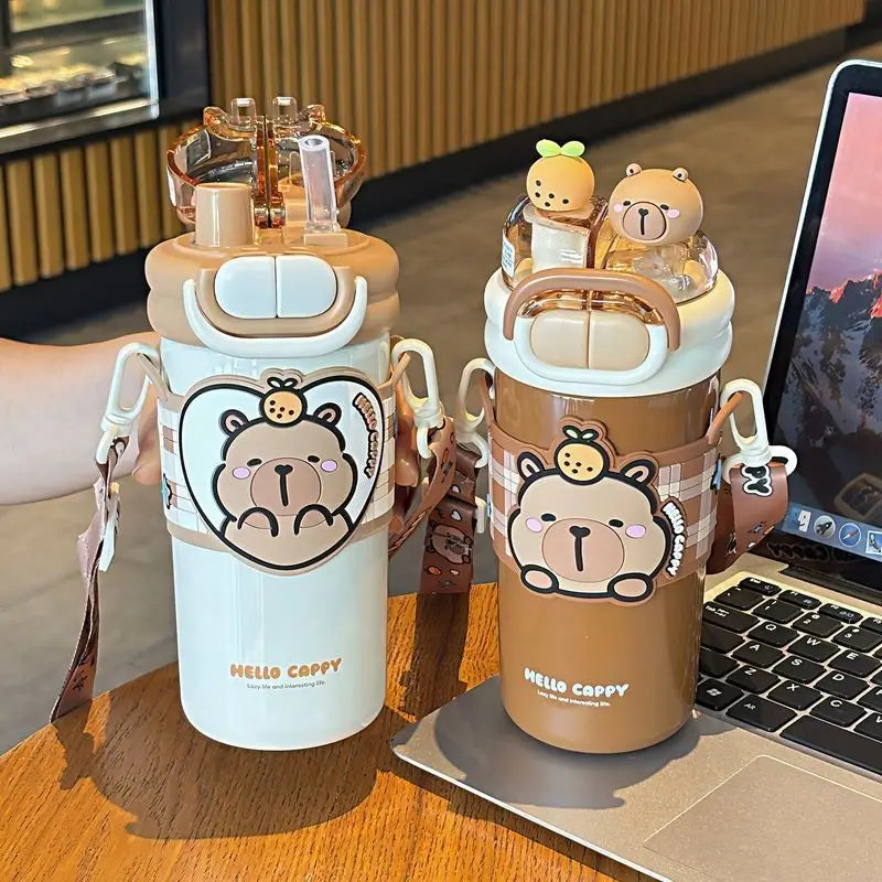 Capybara Children's Straw Insulated Cup for Kids 316 Stainless Steel Cartoon Double Drinking Diagonal Cross Travel Water Bottle