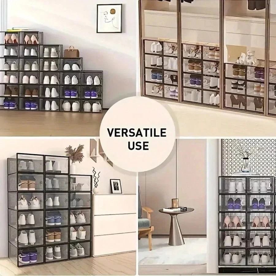 Stackable Shoe Storage Box 6/12 Pack Clear Plastic Stackable Shoe Storage Box | Space Saving Foldable Shoe Organizer for Closet