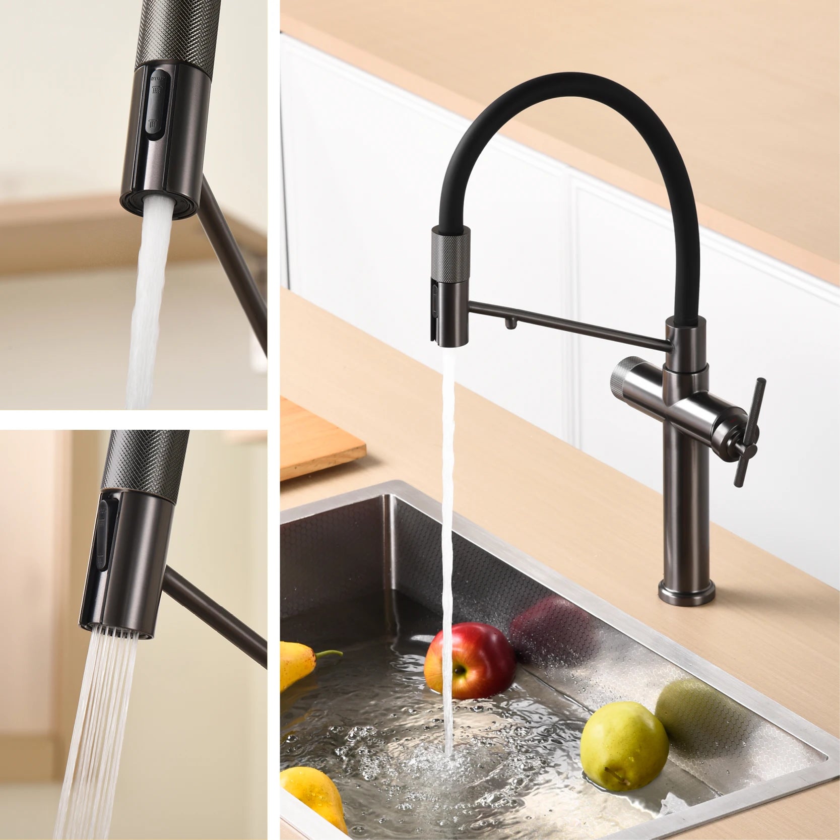 Modern Gun Grey Brass 3-in-1 single hole Kitchen faucet separate Filter Water Tap。Pull out sprayer  Hot&cold Sink mixer tap