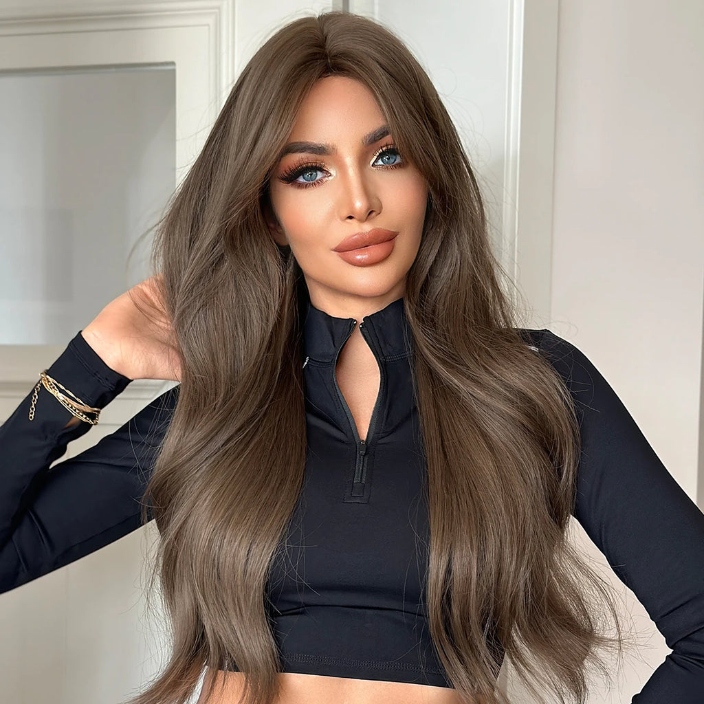 NAMM Long Wavy Light Brown Wigs For Women 30 Inch Curly Wave Wig With Natural Looking Synthetic Fiber Fashion Wig For Party Use