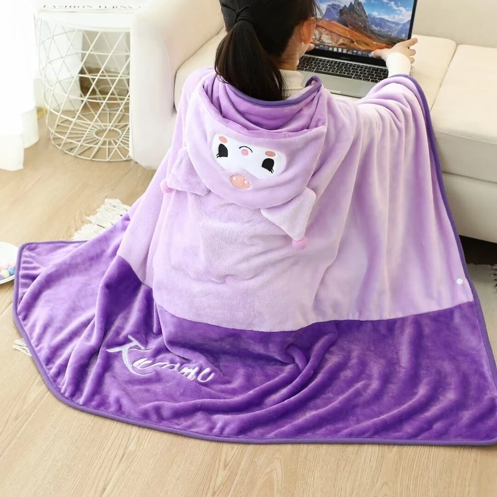 High Quality Kuromi Hooded Cloak Warm Flannel Blanket With Hat Japanese Style Comfortable Nap Blanket For Girl Xmas Gifts