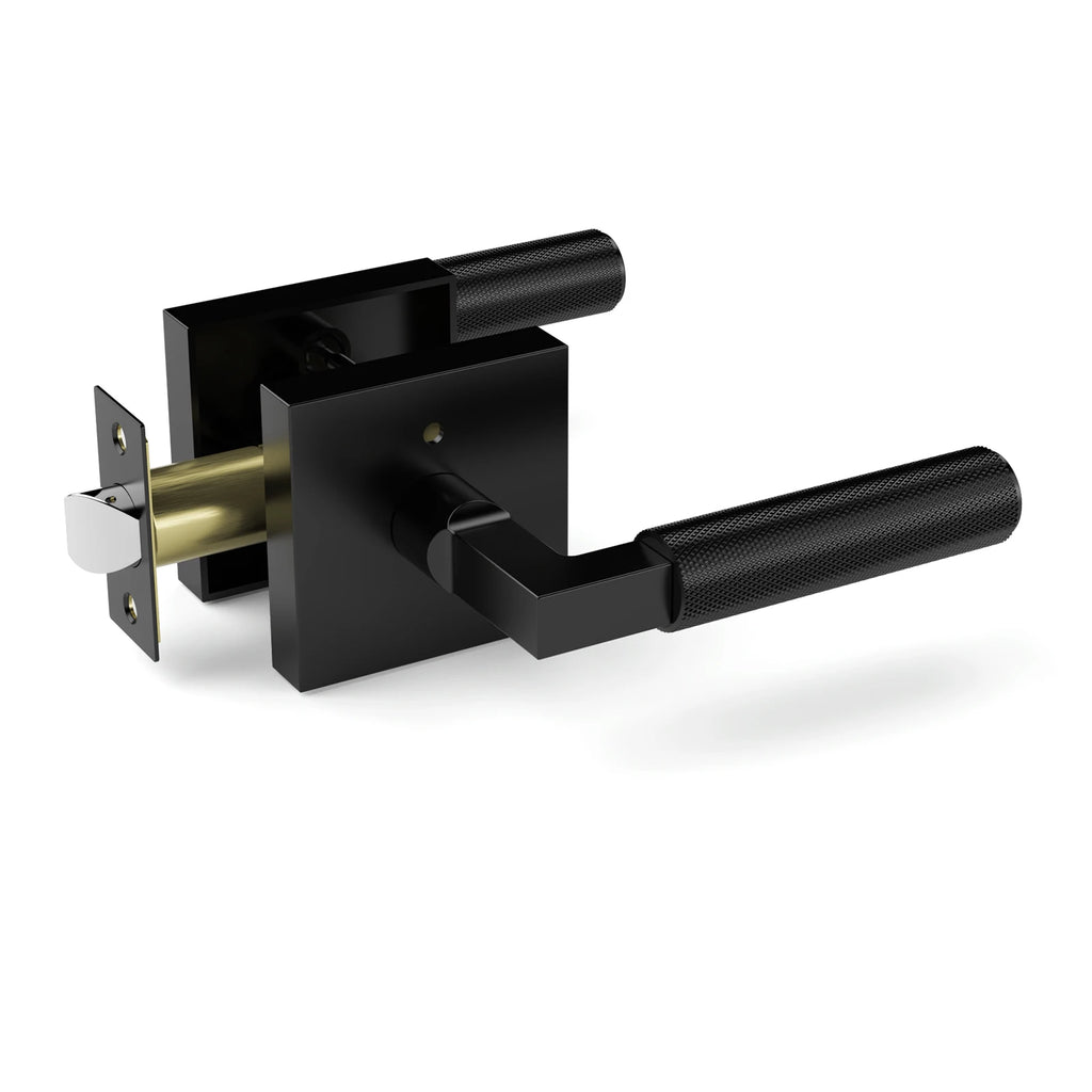 Viladepot Privacy Door Handle Rear Knurled Handle Lever Matte Black Square Base Bedroom Bathroom Door Lock Reversible