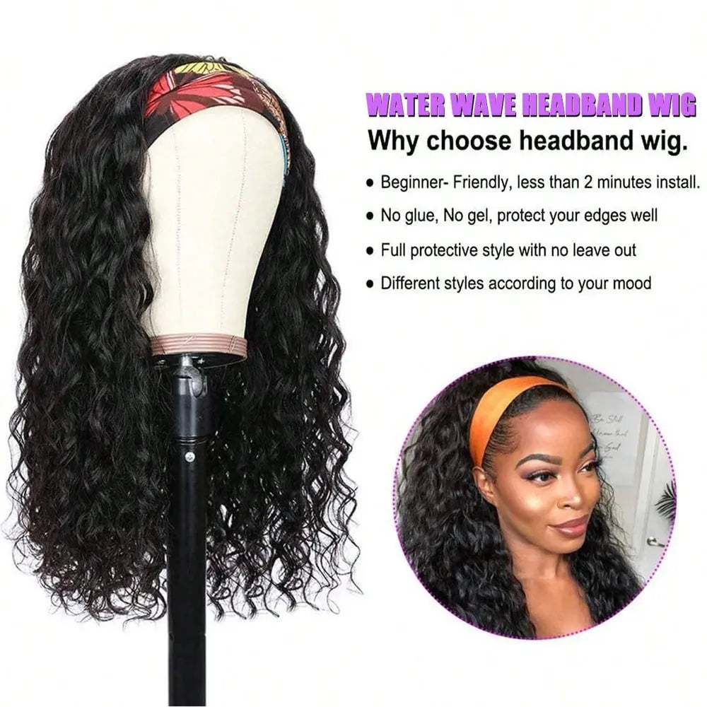 Water Wave 40 Inch Headband Wig Human Hair, Curly Glueless None Lace Front Wigs for Women, 250% Density Natural Looking Hair