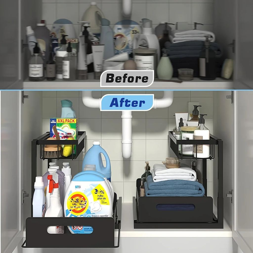Double-Layer Pull-Qut Kitchen Storage Rack, Non-Slip, Stable, Multi-FunctionalStorage Box with Five Hooks, under Sink Brush