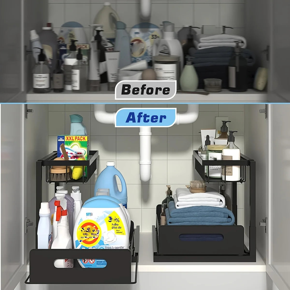 Double-Layer Pull-Qut Kitchen Storage Rack, Non-Slip, Stable, Multi-FunctionalStorage Box with Five Hooks, under Sink Brush