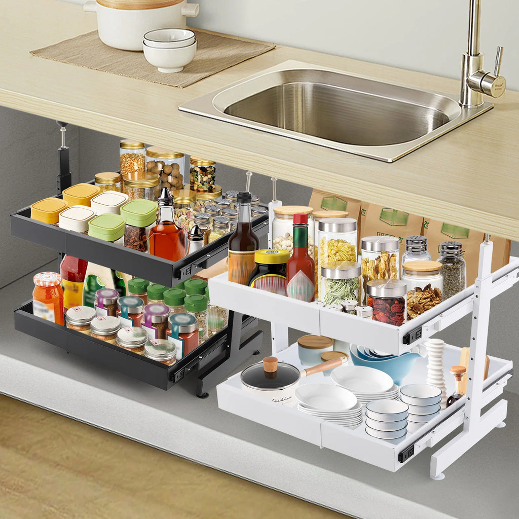 Carbon Steel Expandable Pull out Cabinet  2 -Tiers Organizer Pull Out Drawers for Cabinets Slide Out Cabinet Organizer