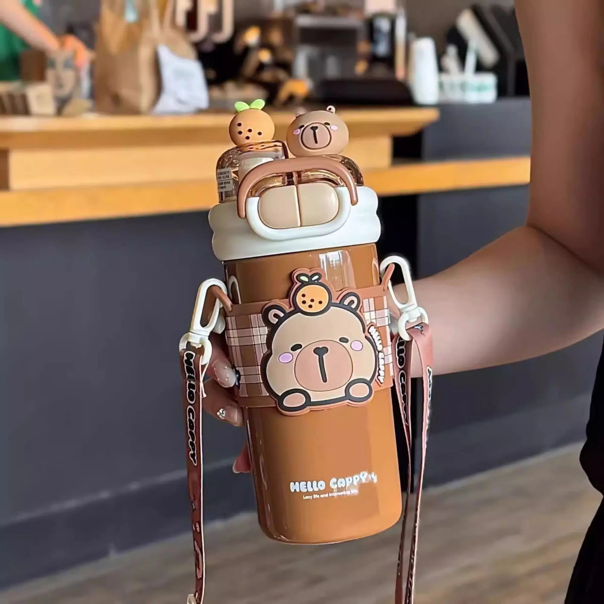 Capybara Children's Straw Insulated Cup for Kids 316 Stainless Steel Cartoon Double Drinking Diagonal Cross Travel Water Bottle