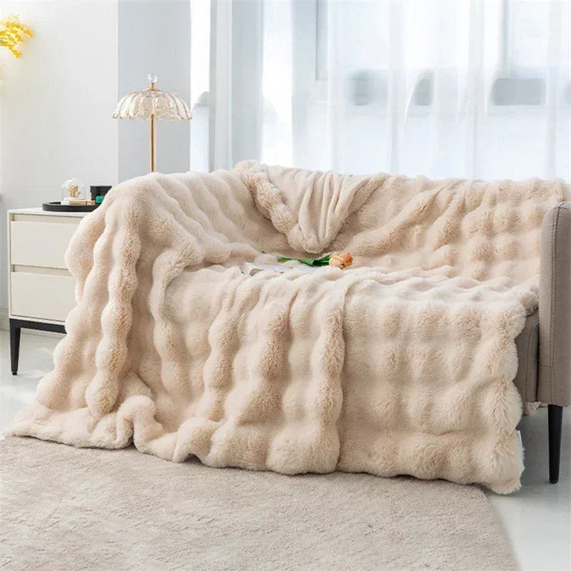 Cozy Rabbit Hair Bubble Velvet Blanket for Napping Soft Fuzzy Plush Bed Cover Sofa Throw Blanket All Season Warmth