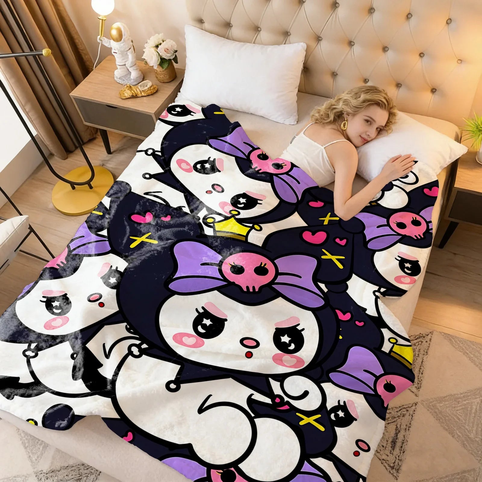 Sanrio Kuromi Anime Knee Blanket Throw Blankets for Winter Microfiber Oversized Baby Lightweight Fleece Bed Sofa Decoration