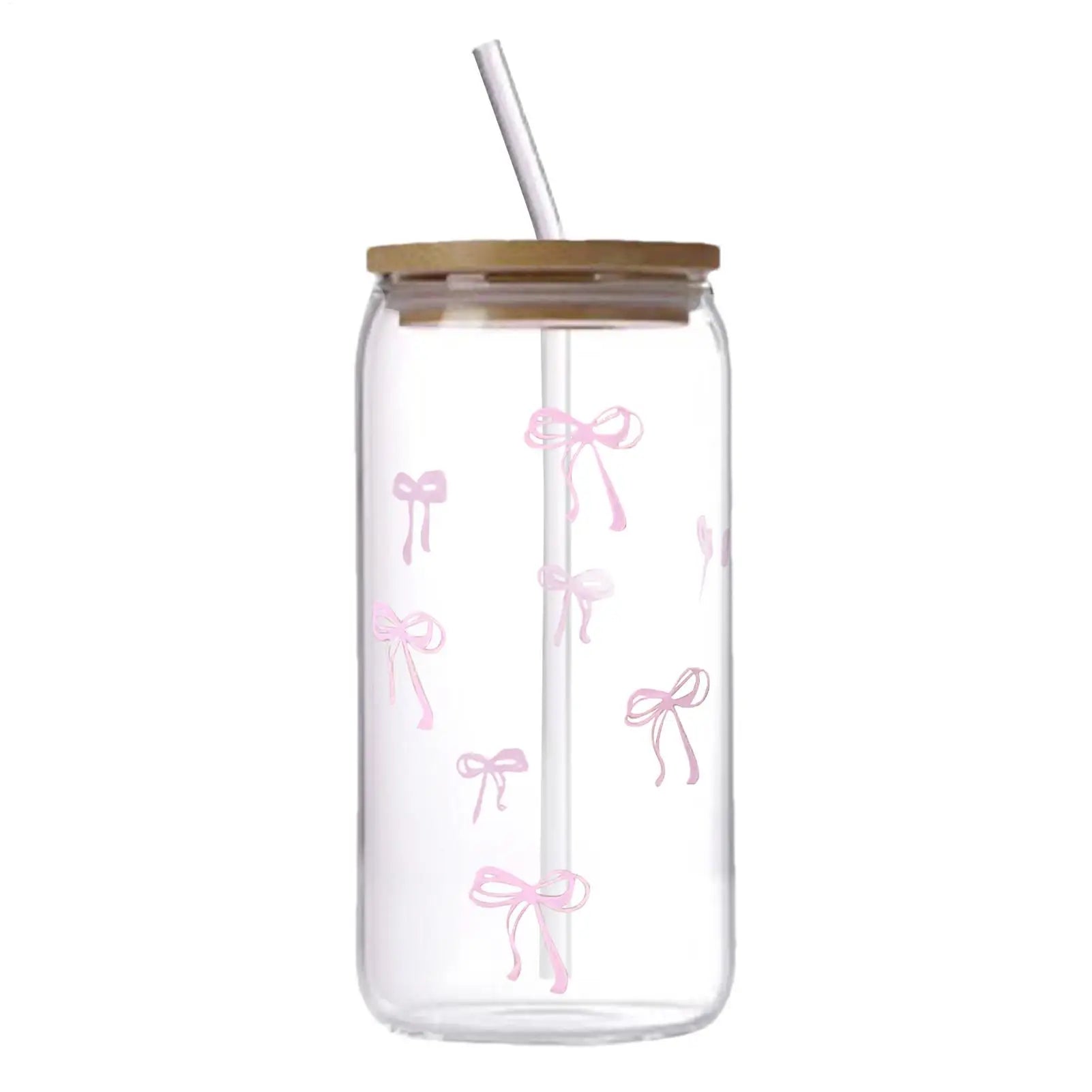 Transparent Glass Tumbler Pink Bow Flower Sticker Drink Juice Cup Suitable For Hot And Cold Drinks Bow Tie Straw Cup