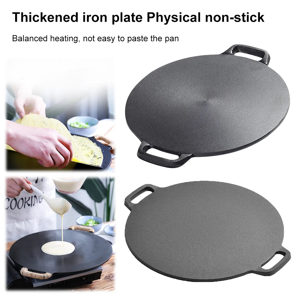 10.2/11/11.8/12.6/13.4 Inch BBQ Griddle Coating Frying Pan Cast Iron Round Griddle Baking Tray for Home Party Travel and Outdoor
