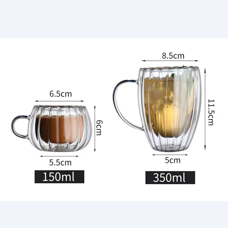 [homeeee] Ribbed Double-Wall Glass Coffee Mug - Heat Resistant