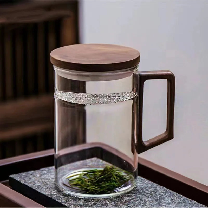 450ml 550ml Heat-resistant Glass Tea Mug With Crescent Filter Wooden Handle Lid Tea Water Separation Cup Drinkware