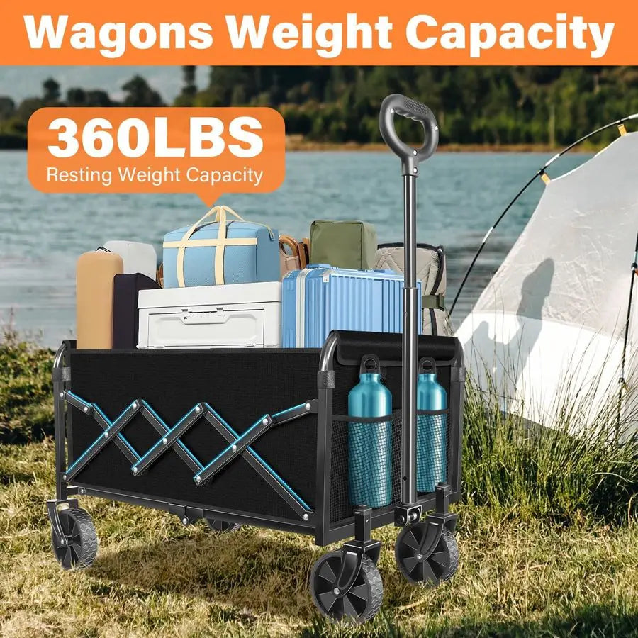 Carts Foldable, Collapsible Wagon Cart with Wheels Beach Wagon Cart with Wheels for Sand Sports Camping Grocery, Black