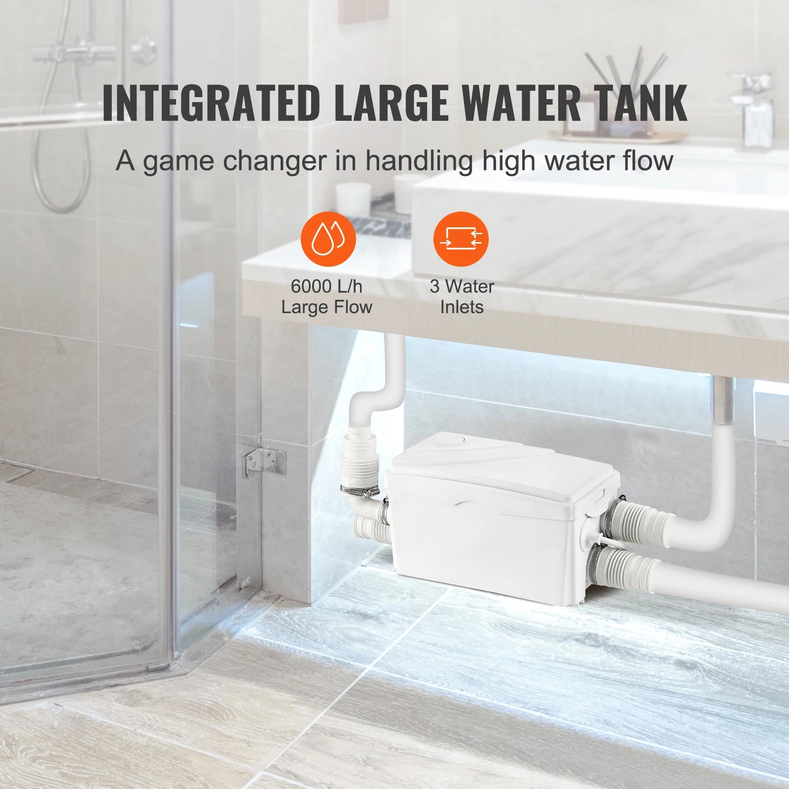 SucceBuy Macerator Pump 350W 6000L/h Flow 23 ft/7 m Head Macerator Sewerage Sump Pump with 3 Water Inlets Water Disposal Machine