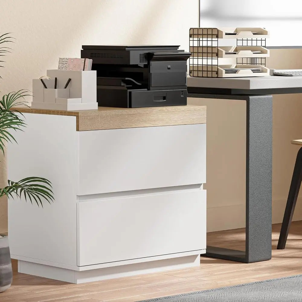 Nightstand with Oak Top, 23.7" White Night Stand with 2 Drawers, Modern Bedside Table Wood End Table for Bedroom-Customized