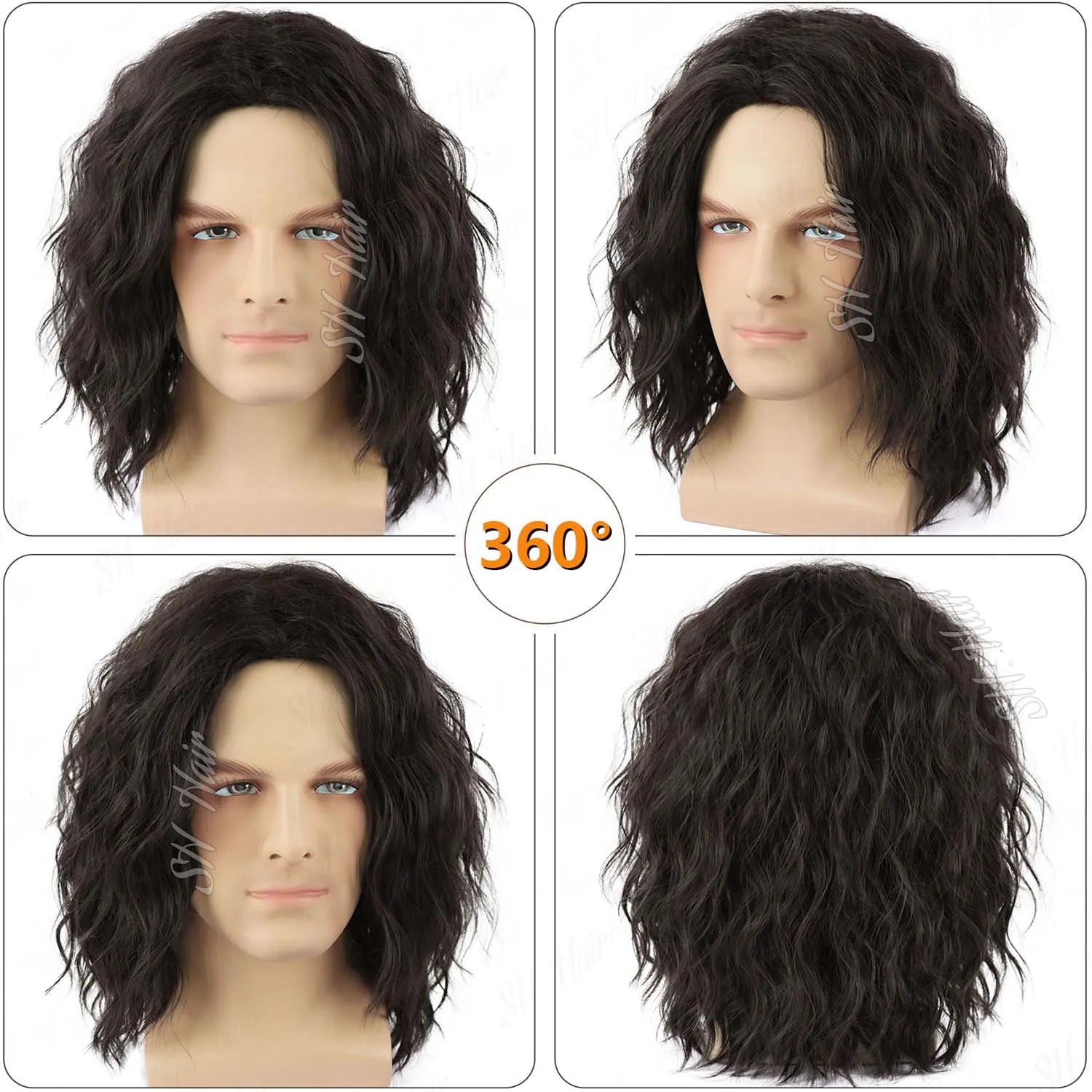 Synthetic Mens Black|Brown Curly Wig Middle Part 70s 80s Funny Wig for Retro Halloween Party Cosplay Use,Eric Draven|Aragorn Wig