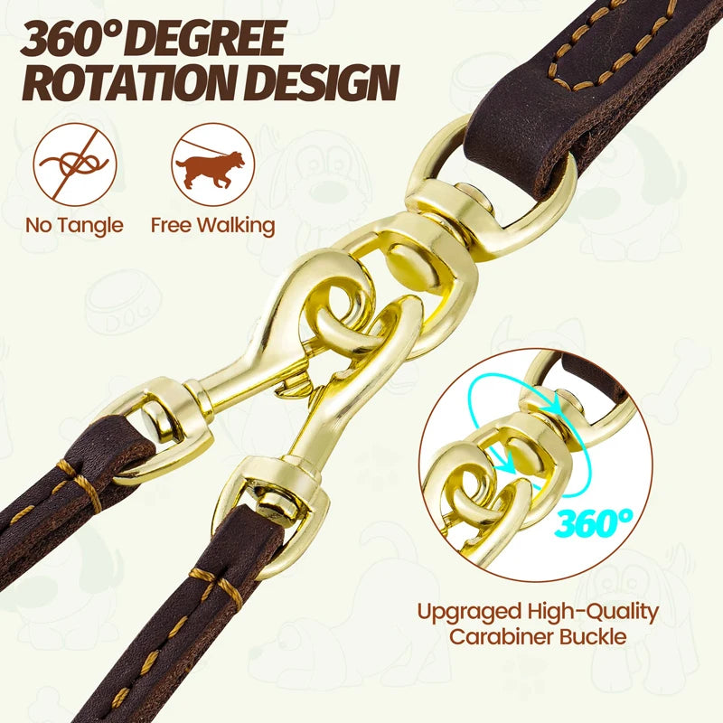 Benepaw Genuine Leather Double Dog Leash Durable Heavy Duty No Tangle Dual Puppy Pet Leads For Small Medium Dog Walking Training