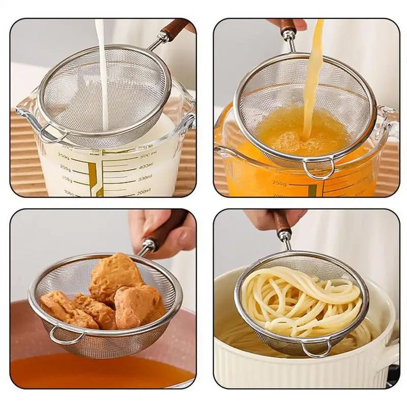304 Stainless Steel Mesh Strainer Filter Spoon with Wooden Handle for Filtering Juices Residues Flour Fried Food Kitchen Tool